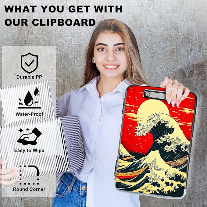 Red Sky Waves A4 Clipboard with Storage Pen Holder, Clipboards Organizer Nursing Clipboard Foldable File Folder Plastic Clipboard Folio Clip Board for Office Students Classroom Doctor