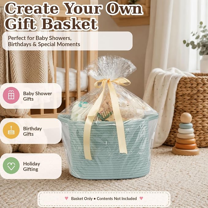 XUANGUO Woven Cotton Rope Storage Basket with Handles 13x10x9 inch Green | Woven cotton rope basket for shelves and closets. Perfect for toys, books, clothes, nursery storage and gift baskets