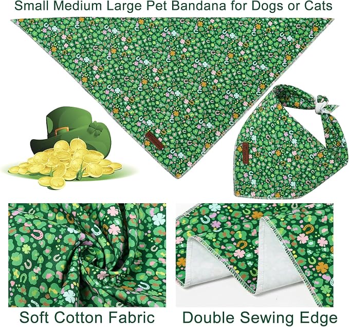 St. Patrick's Dog Bandanas, UP URARA PUP Shamrock Triangle Bid Clover Scarf for Medium Large Girl Boy Dogs, Spring Cotton Puppy Kerchief, Green Dog Bandana,L