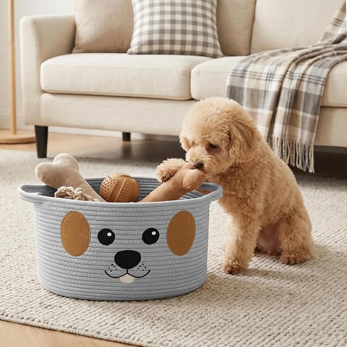 Woven Dog Toy Basket, Cute Embroidered Pet Toy Bin, Soft Cotton Rope Dog Organization and Storage, Medium Pet Stuff Organizer, Puppy Animal Storage Basket for Leashes, Gifts, 15"x11"x9", Gray