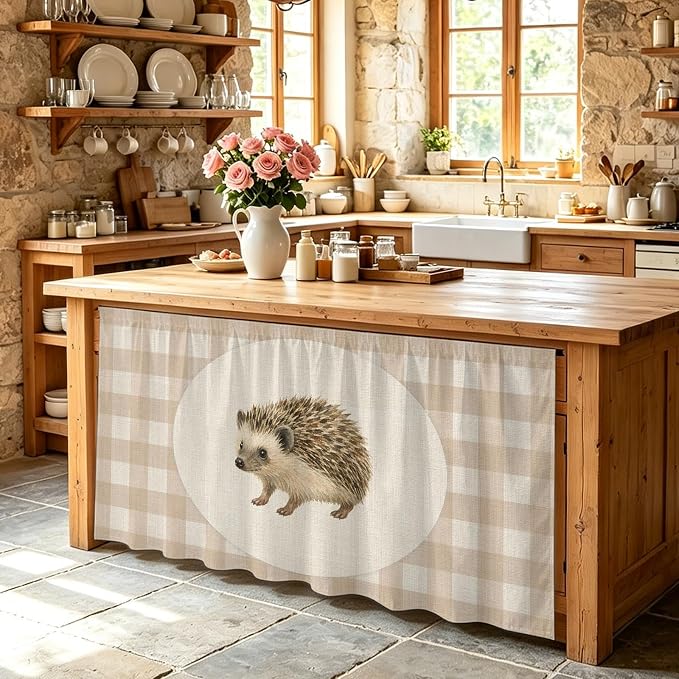 Hedgehog Cabinet Curtains 28"x51" Sink Skirt for Bathroom Kitchen, Vintage Farmhouse Linen Plaid Rustic Animal Self Stick Adhesive Under Desk Covers Tall Laundry Cabinet Storage Organizer