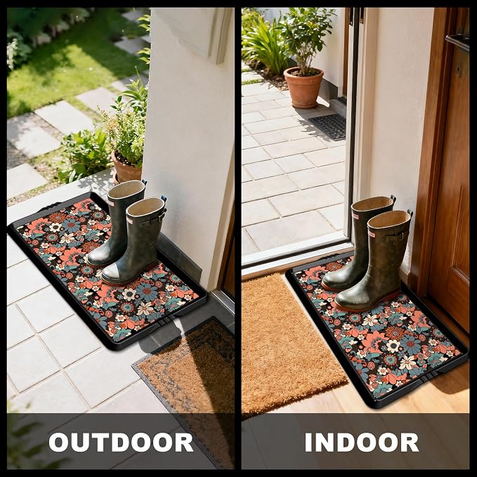 BEHERO Boot Tray Shoe Mat Decorative Patterned, Rubber Shoe Matt Tray Indoor/Outdoor Use, 16" x47.5" Shoe Cleaning Mat Non-Slip, Shoe Storage Waterproof Flower Prints for Entryway, Sunlit Blossom