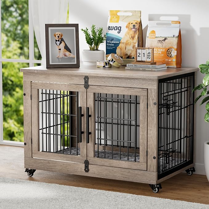 YaFiti Dog Crate Furniture, 32.5” Wooden Indoor Dog Kennel, Grey | Cushion, Wheels, Double Doors, Furniture Style, Side End Table, Decorative Pet Cage House, Up to 45 lb, for Small/Medium Dogs