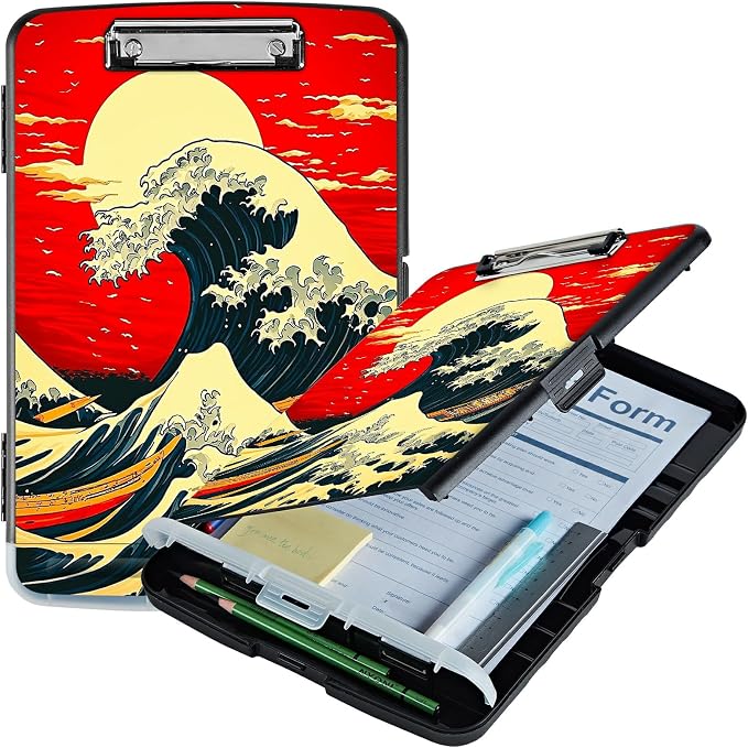 Red Sky Waves A4 Clipboard with Storage Pen Holder, Clipboards Organizer Nursing Clipboard Foldable File Folder Plastic Clipboard Folio Clip Board for Office Students Classroom Doctor
