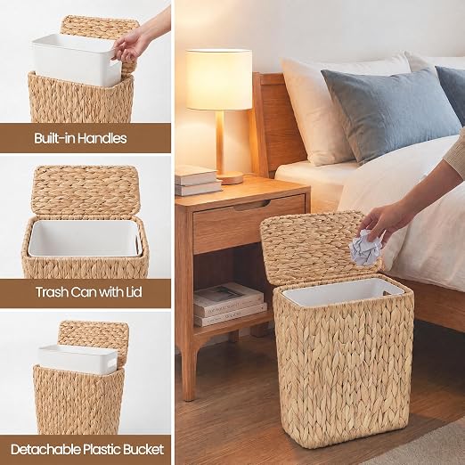 Wicker Trash Can,3 Gallon Bathroom Trash Can with Lid,Handwoven Water Hyacinth Rattan Waste Basket with Removable Liner and Built-in Handles for Bedroom,Toilet,Narrow Spaces