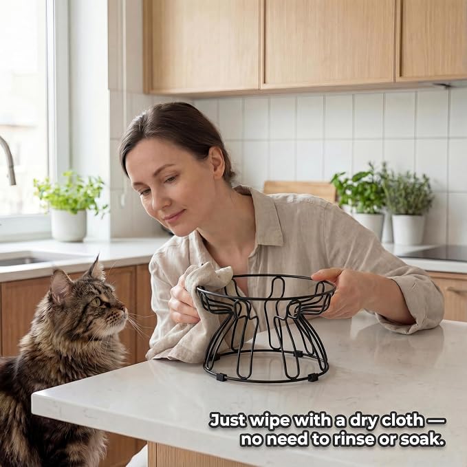 Raised Cat Bowl Stand Metal - Elevated Cat Food Dish Holder with Anti-Slip Sleeves - Lifted Feeding Station Anti Vomiting - 6.7" W x 3.9" H - Black (Bowl Not Included)