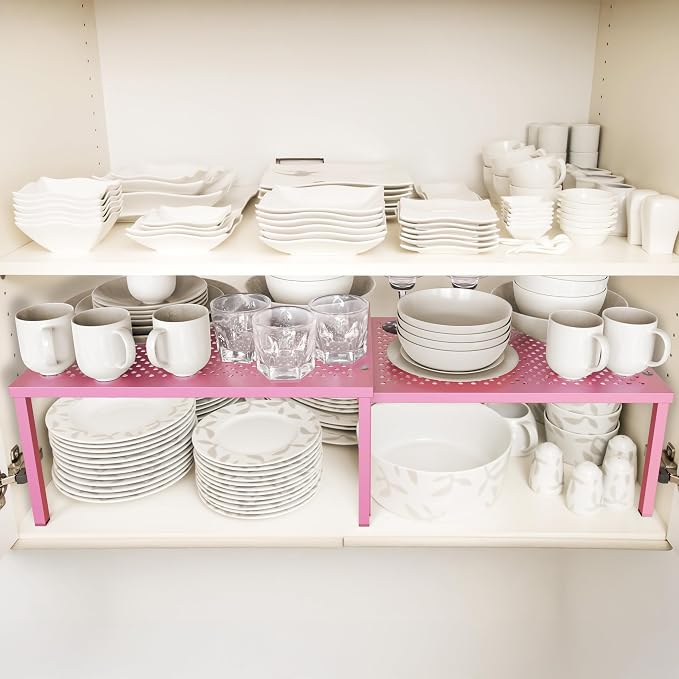 Simple Houseware Expandable Stackable Kitchen Counter Shelf Organizer, Pink, Metal Top, 11.25 in L x 7.9 in W x 5.4 in H | Expandable & Stackable 9" D x 12.75" W x 5.9" H