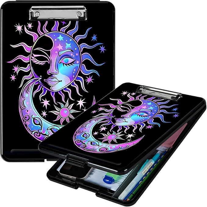 Purple Moon Sun A4 Clipboard with Storage Pen Holder, Clipboards Organizer Nursing Clipboard Foldable File Folder Plastic Clipboard Folio Clip Board for Office Students Classroom Doctor