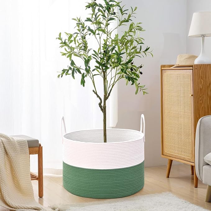67L Large Woven Blanket Basket, Cotton Rope Baby Laundry Hamper with Handles, Kids Toy Basket for Classroom & Nursery, Soft Round Stuffed Animal Storage, Dog Toy Bin - 20"x13", Green