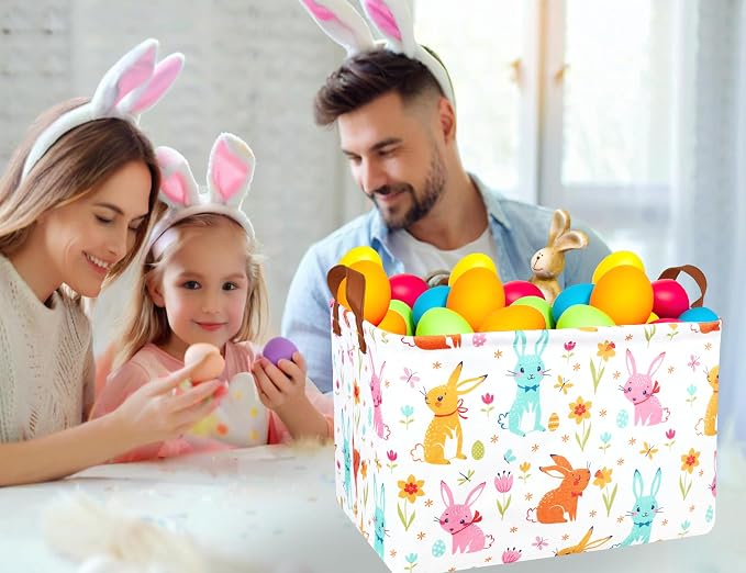 Large Rectangular Easter Baskets Empty Waterproof Boy Toy Box Foldable Kid's Gifts Storage Bin Spring Room Decor(Flower Rabbit Egg)