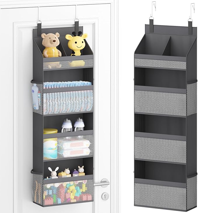 Lifewit 4 Tier Over the Door Organizer, Diaper Hanging Storage, Gray | Nursery Sturdy Large Heavy Duty Back of Door Shelf with 4 Mesh Side Pockets, for Baby Stuff Toy in Pantry, Laundry, Bathroom