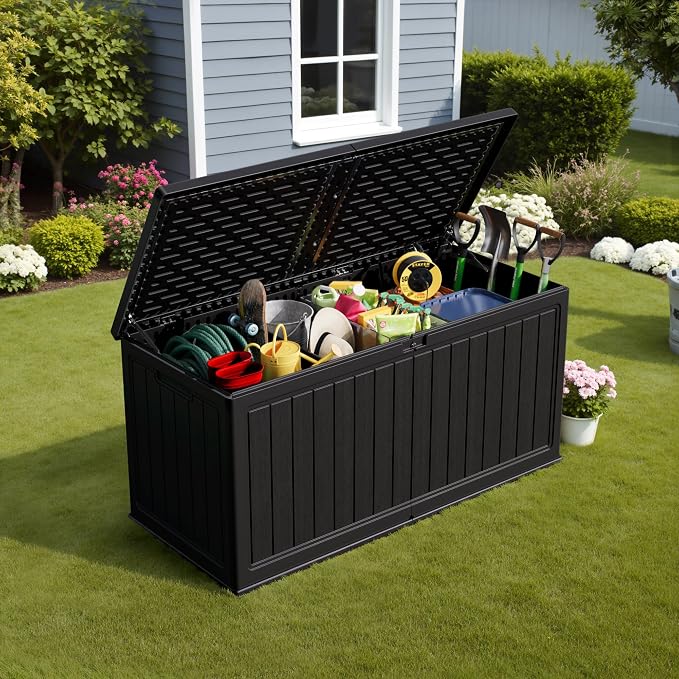 Devoko HDPE 260 Gallon Deck Box Double-Wall with Divider | Large Outdoor Storage Box Side Handles, Waterproof and Lockable for Patio Furniture, Garden, Pool
