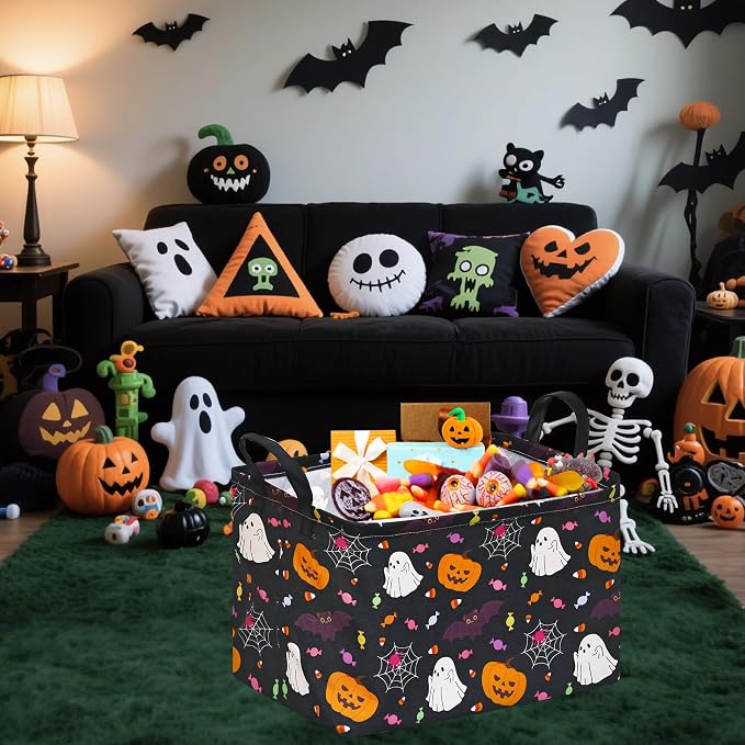 Kids Storage Basket with Halloween Print, 14.5" x 10.2" x 9.4", Waterproof | Foldable Organizer with Leather Handles;Ideal for Halloween Treats,Kids' Gifts,Laundry & Toy Storage;Spooky Holiday Decor