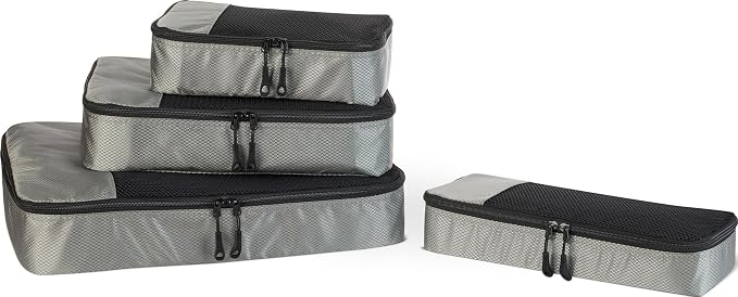 Amazon Essentials 4-Piece Packing Cubes Travel Accessories Set, Space-Saving Luggage Organizer with Double Zipper, Mesh Top Panel, Small/Medium/Large/Slim, Gray (Previously Amazon Basics)