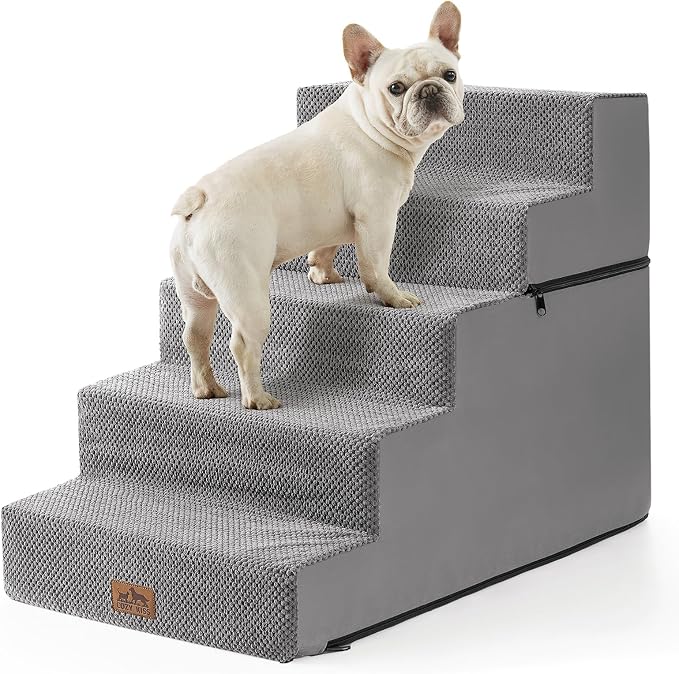 COZY KISS Dog Stairs for Small Dogs, 5 Step Pet Stairs for Beds & Couches | 23.6" H Wide Non-Slip Dog Steps with Removable Tiers & Support Board for Puppies, Older Cats & Dogs, Grey
