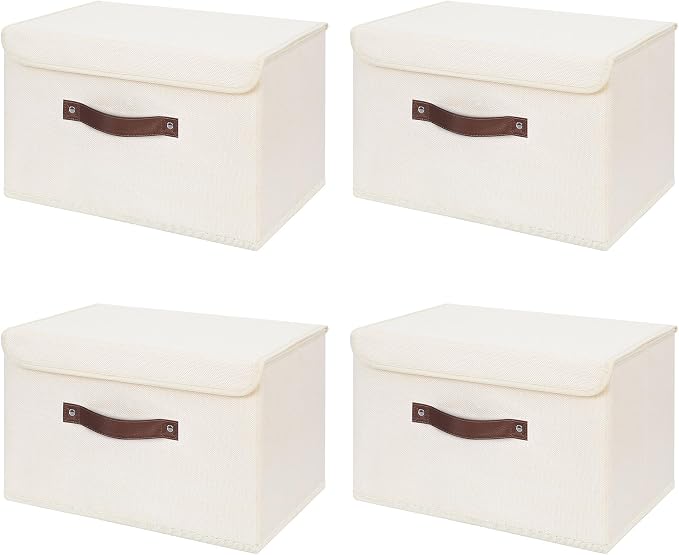 ANMINY Fabric Storage Box Bins with Lids, Beige, 15"x10"x10", 4 Pack | Keepsake Memory Storage, Cotton Linen, PP Board Reinforced, Washable, PU Handles, Foldable & Stackable, Decorative, Large
