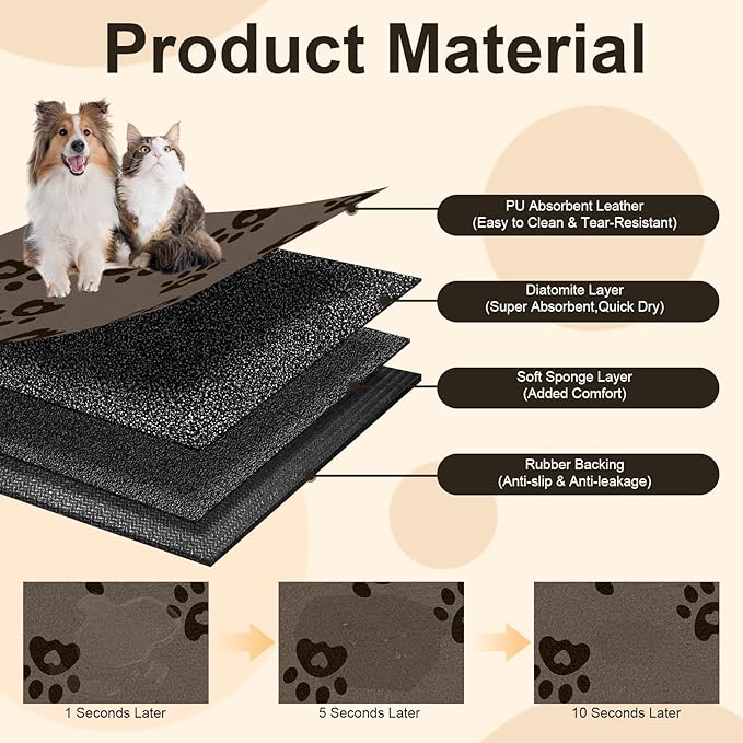 BLESWIN Pet Feeding Mats 16"x24", Water Absorbing Mat for Dog Bowl, Dog Dish Mats for Floors Waterproof, Non Slip Mat for Dogs, Pet Water Mat Protect Floor, Cat Mat for Food and Water, Brown