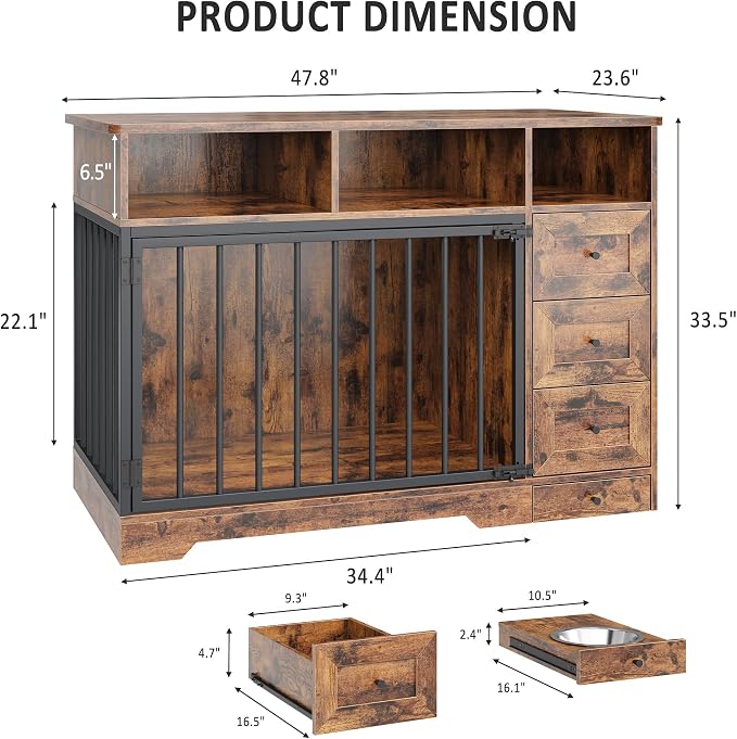 GarveeLife 48'' Dog Crate Furniture with Bowl, Medium Dog Cage, Retro Brown | Farmhouse Heavy Duty Dog Kennel with Storage Drawers, End Table for Small Medium Dogs