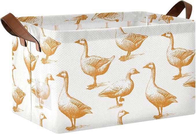 Hand Drawn Retro Goose and Duck Storage Basket Foldable Cube Storage Bins with Handles&Label Waterproof Collapsible Organizer Box Bin Large Rectangle Decorative Baskets for Shelves Home Room Laundry