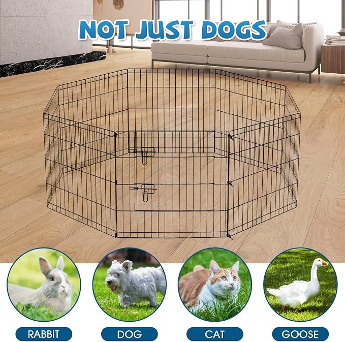 Peekaboo DogPlaypen 24 in-8 Panel Metal Rustproof Pet Fence with Top Cover | 24 Inch 8 Panel Foldable Rustproof Black Metal Dog Playpen with Octagonal Top Cover