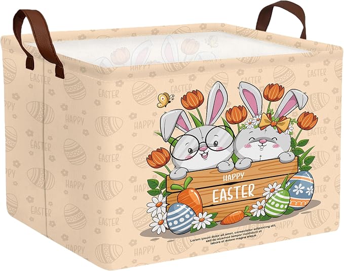 Large Rectangular Easter Baskets Empty Waterproof Boy Toy Box Foldable Kid's Gifts Storage Bin Spring Room Decor(Boy Girl Cute Rabbit)