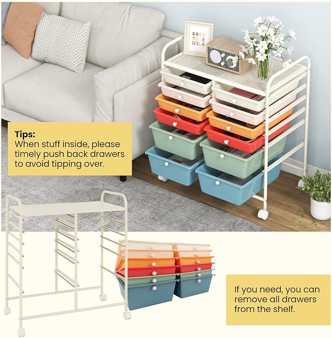 12 Drawer Rolling Storage Cart, Art Cart Organizer on Wheels, Mobile Utility Cart with Drawers, Multipurpose Craft Drawers for Home Office School Classroom (Macaron)