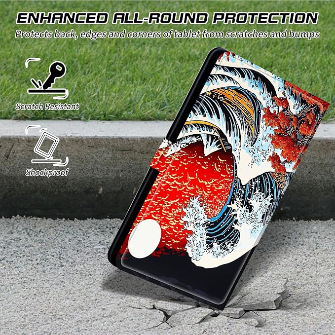 Universal Tablet Case for T-Mobile Revvl Tab 2 10.1" 2025/Revvl Tab 5G 10.36" 2023, 360 Degree Rotating Kickstand Protective Stand PU Leather Shell Cover for 9"-10.5", Red Sunset Waves