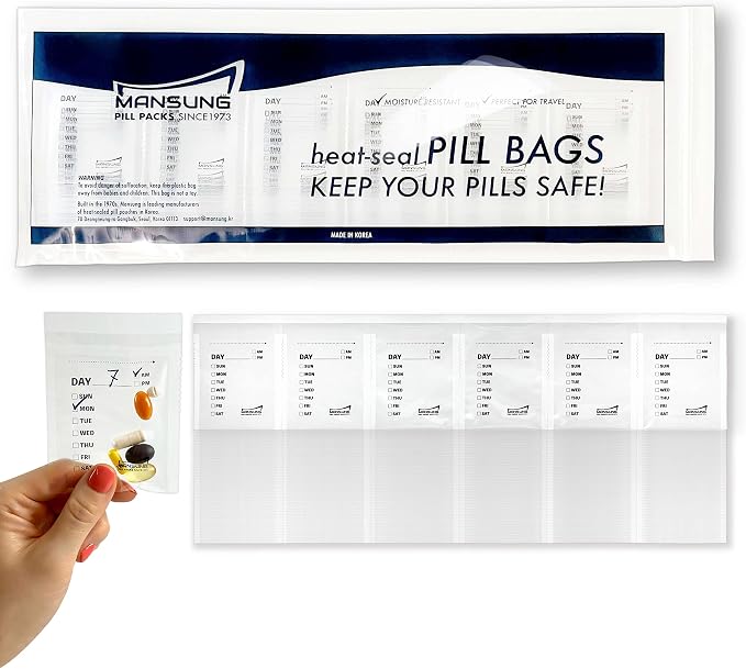 Mansung M 600 Bags/Week, Heat Seal Pill Bag pouche Pack Sealed for Medicine Funnel Tray Loading AM PM Organizer Dispenser kit Daily Sealing Filler Vitamin sorter envelopes Machine Blister Packs