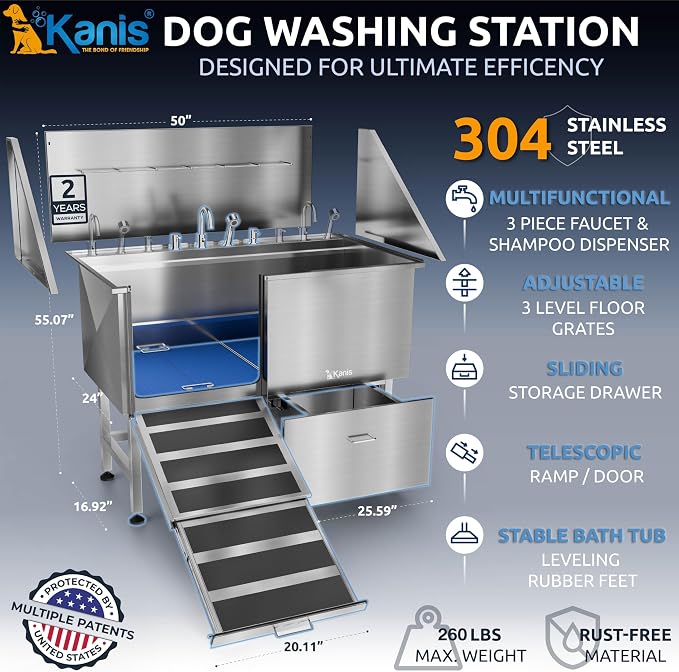 Professional Dog Washing Station 304 Stainless Steel Pet Wash Sink | Grooming Bathtub w/Shower, Floor Grates and Storage for Large, Medium & Small Pets (Silver, 50 Inches, Left Ramp, 1 Drawer)
