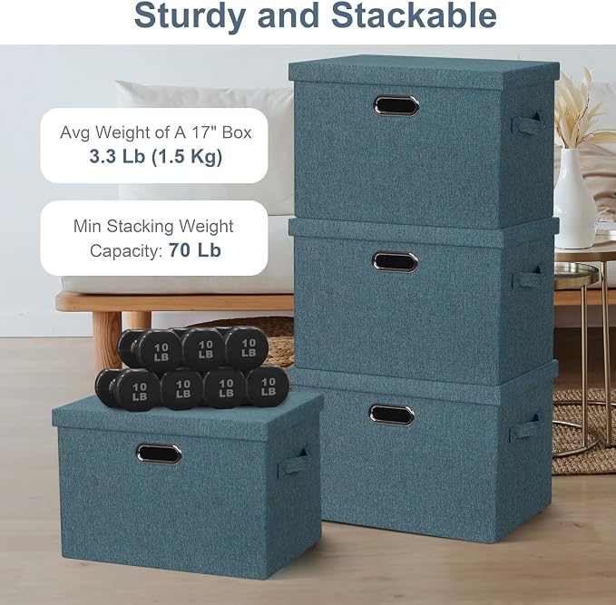 Storage Bins with Lids Fabric Closet Organizers Cubes Office Organization | 36 Quart 3 Pack Blue-Green Collapsible Stackable Linen Fabric 4 Handles Bedroom Closet Cabinet Under Bed Clothes Toy Office