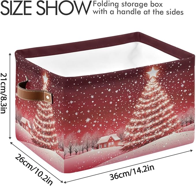 Christmas Tree Red Storage Basket with Waterproof Liner and PU Handles Xmas Winter Snow Scene Storage Bins Boxes 14.2" Collapsible Decorative Organizer Baskets for Bedroom Closet Office 2 Pack