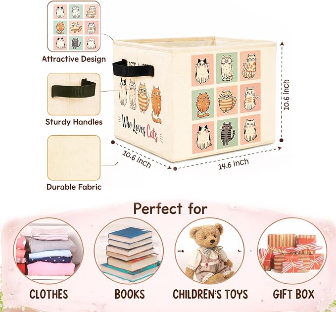 Cat Storage Bin, Cute Cartoon Cat Fabric Basket Organizer | Foldable collapsible fabric organizer for nursery, bedroom, playroom, toys, books, clothes