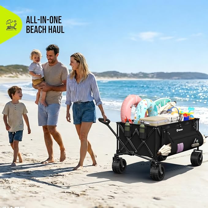 48'' Extra Large Collapsible Wagon with Big Wheels, 300L Black | 560LBS Heavy Duty, Wagons Carts Foldable, All-Terrain, Brakes, Folding Cart, Utility for Beach/Camping/Garden/Sports/Grocery