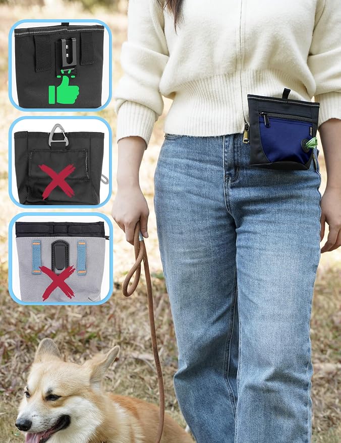2 Cup Dog Treat Pouch with Training Clicker(Black/Blue) | 2 Pair Magnetic Closures, Zipper Pocket with Poop Bag Holder, Waist Belt & Metal Clip to Wear for Pet Training/Daily Walking