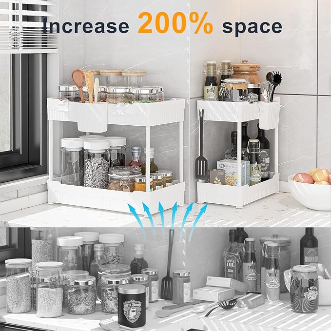 2-Pack Under Sink Organizer with Hooks & Hanging Cup for Kitchen | Multi-use kitchen & bathroom storage, 14.8 inch white cabinet organizer, with hooks and hanging cup for easy access.