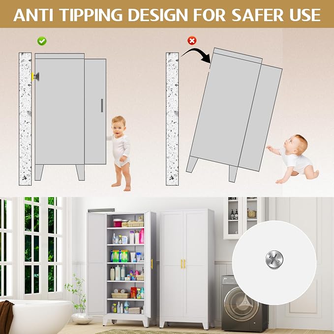 GAIOUS 75.2" Tall Pantry Cabinet,Kitchen Pantry Storage Cabinet with 2 Door | and 5 Adjustable Shelves, White Metal Pantry Storage Cabinet, Cupboard for Kitchen, Dining Room, Living Room and Bathroom