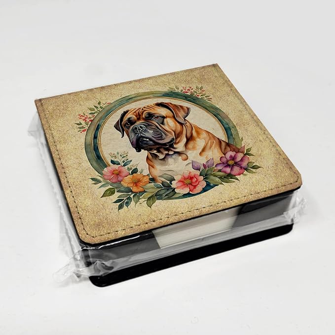 Caroline's Treasures Dogue de Bordeaux and Flowers PU Leather Note Paper Holder with Artist-Designed Cover, Desk Accessory, Office Gift