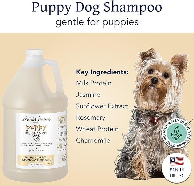 Bobbi Panter Puppy Dog Shampoo Milk Protein, Jasmine, Sunflower & Chamomile – Gentle Nourishing Formula for Puppies & Sensitive Skin, Tear-Free, 30:1 Concentrate, Made in USA, 1 Gallon