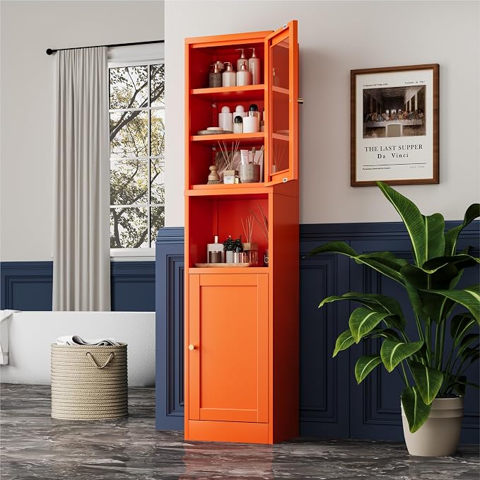 YAUWOH 2-Door Metal Storage Cabinet, Tall Slim Pantry Organizer with 3 Adjustable Shelves (120LBS/Shelf), Anti-Tipping Waterproof Cabinet for Bathroom/Kitchen/Home Office/Small Spaces,(1PC,Orange)