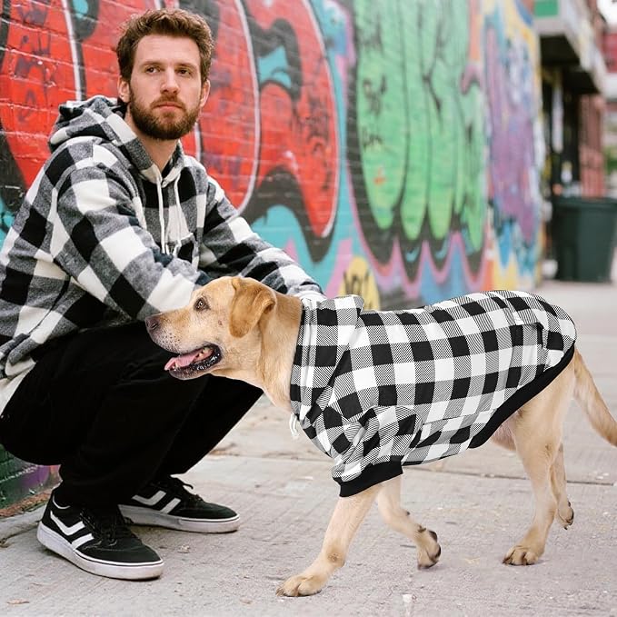 KOOLTAIL Plaid Dog Hoodie Pet Clothes Sweater with Hat and Pocket for Small Medium Large Size Dogs, Soft Winter Warm Dog Cold Weather Coat, Fleece Fall Dog Hooded Sweatshirt for Puppy Cats, White L