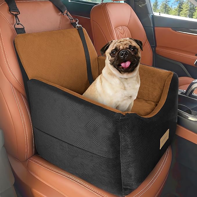 JOEJOY Dog Car Seats for Small Medium Dogs Under 35lbs, Dog Booster Seat with Detachable Washable Cover and Cushion, Memory Foam Pet Car Seat with Safety Belt and Storage Pockets (Brown)