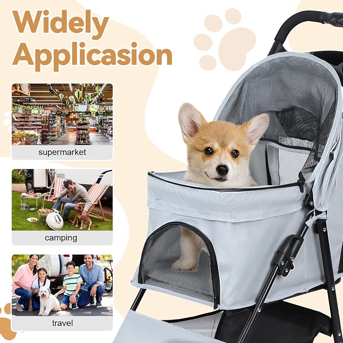 4 Wheel Pet Stroller for Small Medium Dogs, Foldable Cat Carriage with Breathable Mesh Windows, Cup Holder and Storage Basket, Portable Animal Strolling Cart Holds up to 22lbs Grey