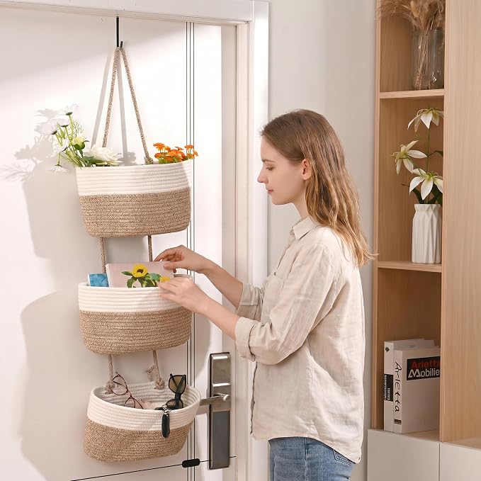 ICERZCZ Hanging Baskets for Organizing, Over the Door Decorative Storage Organizer, Nursery Decor Organization, 3-Tier Wall Basket for Entryway Playroom Bathroom Closet, Mixed Brown & Off White