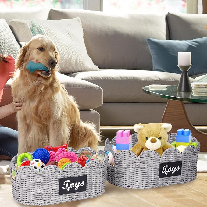Geyecete dog toy wicker storage basket Set Of 2 pet supplies wicker basket rope scalloped edge shelves baskets set scallop wicker box Hand Woven