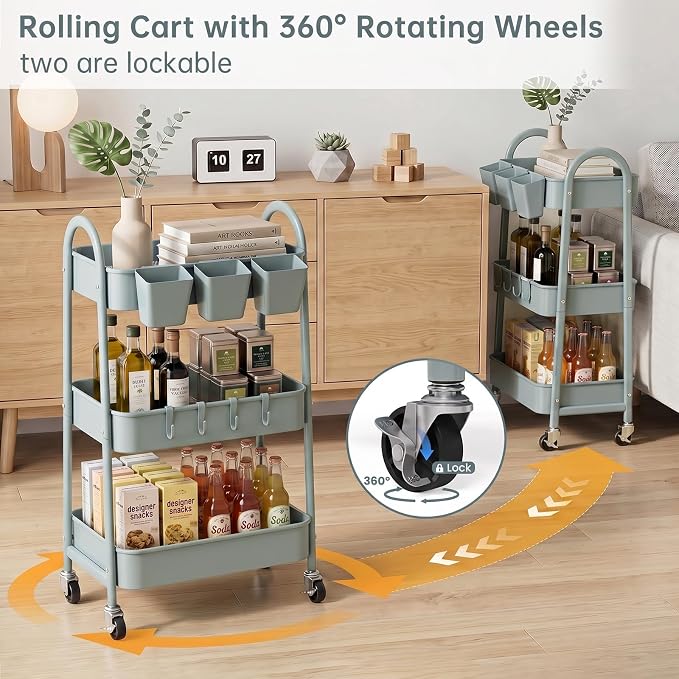 danpinera 3-Tier Rolling Cart, Utility Cart Mobile Metal Rolling Storage Cart with Lockable Wheels & Hanging Cups & Hooks for Kitchen, Bathroom, Office, Workshop, Gray Blue