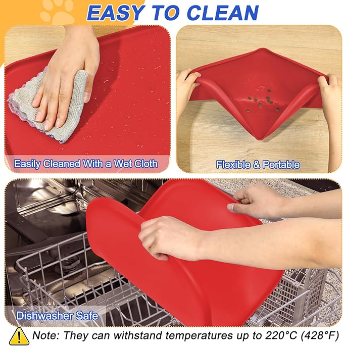 SMILOOL Silicone Pet Feeding Mat with Raised Edge for Food and Water, Dog Bowl Mats, Cat Bowls Placemat with High Lip for Floor Waterproof, Rubber Tray for Cats and Dogs 24 x 16 x0.8 Red