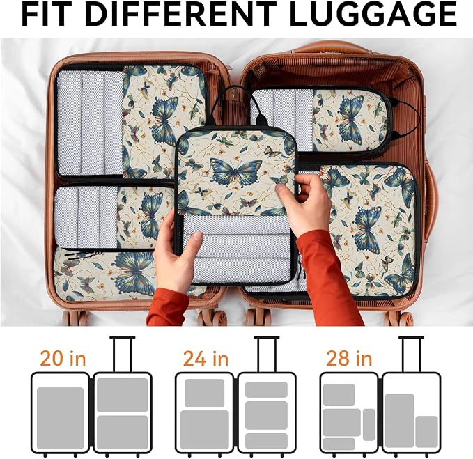 Butterfly Compression Packing Cubes Vintage Floral 6 Set Travel Packing Cubes for Suitcases Lightweight Expandable Organizers