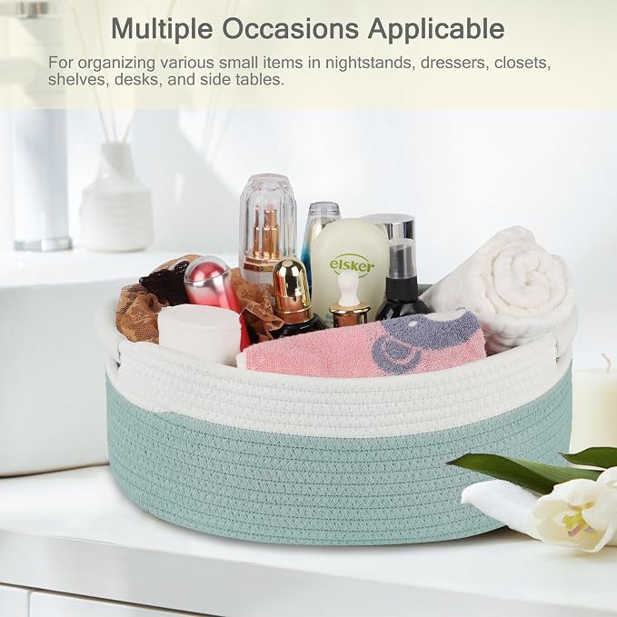 Small Woven Gift Basket with Bag & Ribbons, Light Green | Cotton Rope, 13”x 9”x 5.5”, Fits for Kids, Women & Men, Bedroom, Living Room, Nursery & Bathroom Storage, Cat & Dog Toy Boxes