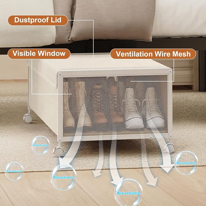 Fokyfok 2Pack Under Bed Storage Containers,12 inch Height,31 inch Long | Under Bed Shoe Storage,Underbed Storage with Wheels,Large Rolling under bed Clothes Storage Drawers,Lid,Dorm Tall,Ivory