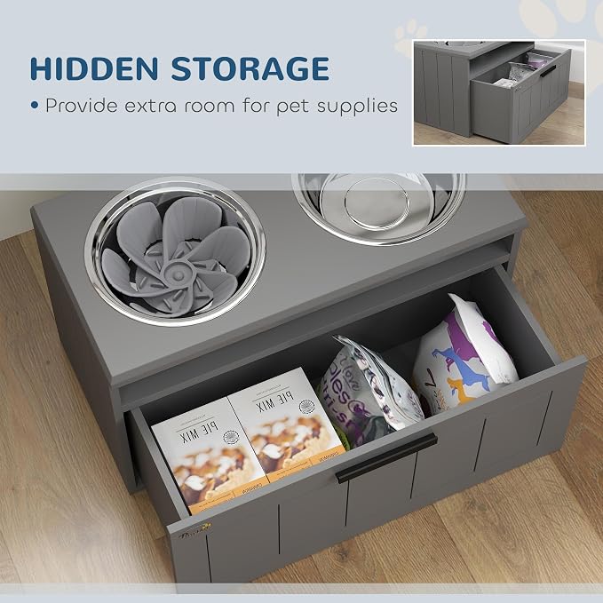PawHut Elevated Dog Bowls Raised Dog Feeder with Storage Gray | 2 Stainless Steel Bowls, Slow Feeder Mat, Feeding Station, Large Extra Large Breeds